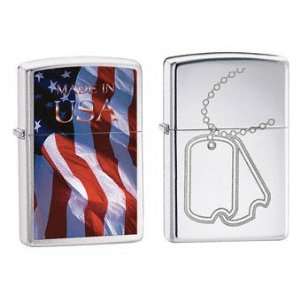   Made in USA Flag and Military Dog Tags Engraved Logo 