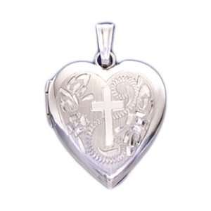  14k White Gold 2 Photo Heart Locket with Cross Design 