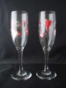 Set of 2 Bride Groom Heart Valentines Day Wine Glasses  