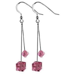  Sterling Silver Pink Cube Crystal Earrings Made with 