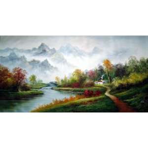  Mountain, River and Cottage Landscape Oil Painting 36 x 72 