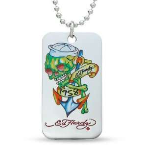  Ed Hardy 1958 SKULL COLOR Dog Tag Pendant Necklace ~ Boxed 