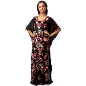  Black Kashmiri Kaftan with Flowers and All Over Embroidery 