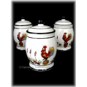   3PC Handpainted Country Rooster Kitchen Canister Set