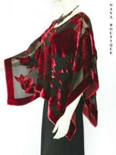 Silk Burnout Velvet Poncho Kimono Top Ruby Red & Black No Fringe Maya 