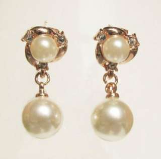 NEW Cream Pearl bow SWAROVSKI dangle Earrings gold GP bride christams 