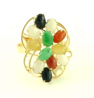 Vintage 14K Yellow Gold Multi Colored Jade Flower Cluster Cocktail 