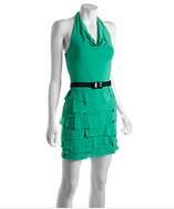 BCBGMAXAZRIA emerald jersey halter ruffle front belted dress style 