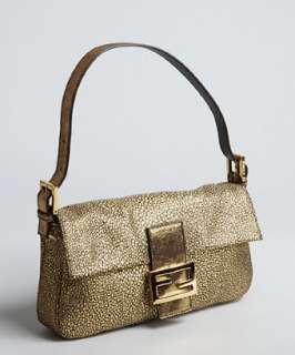 Fendi brown and gold cracked metallic suede logo buckle baguette 