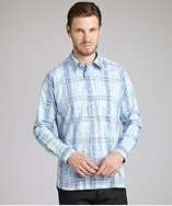 Ike Behar blue plaid and paisley button chest pocket long sleeve shirt 