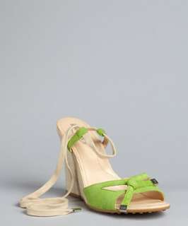 Tods lime green suede wrap ankle bow wedges  