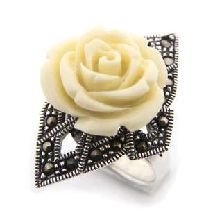   Marcasite Gemstone Genuine 925 Sterling Silver White Rose Ring Size 8