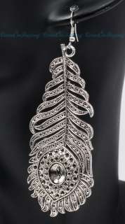 ANTIQUE STYLE TIBET SILVER LEAF PEACOCK PLUME FEATHER EVIL EYES DANGLE 
