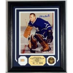 Johnny Bower Autographed Photomint with Game Used Stick with Gold Coin 