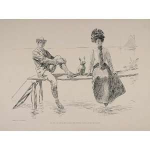  RARE 1901 Charles Dana Gibson Dog Beach Pier Boat Print 