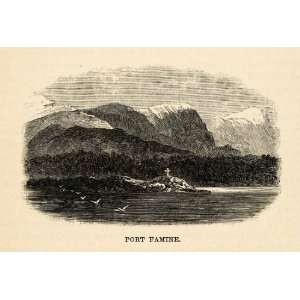 Wood Engraving Port Famine Hambre Patagonia Landscape Ocean Mountains 