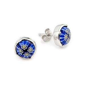 Blue Murano Glass Millefiori 8 Mm Round Sterling Silver Stud Earrings