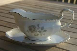   Mystic Rose Gravy Boat Attached Underplate Gray Roses Green Leaves