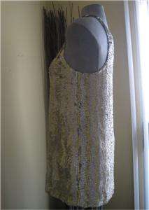 HALSTON Metallic Gold & Silver Floral Sequin Silk Tank Dress 42 NWT 
