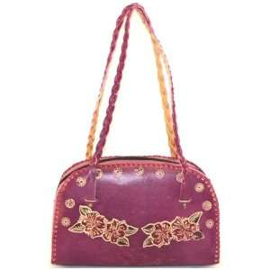  Fuchsia ~ Leather Floral Embossed Handbag ~ Braided Straps 