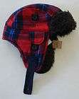 NWT MENS HOLLISTER RED PLAID CAP FAUX FUR LINED TRAPPER HAT ONE SIZE