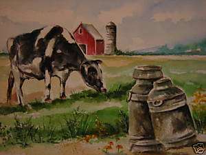 Country Farm scene Barn Cow animal landscape print  