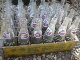 24 Pc Diet Pepsi Cola Bottles & Yellow Wood Crate Case  