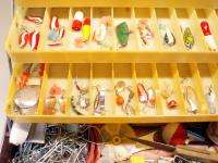Vtg  Fishing Tackle Box Full of Lures Scales Equipment Floats 