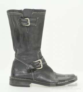 Donald J. Pliner Black Leather & Silver Buckle Topstitched Amy Boots 