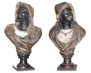 Antique Pair Terracotta Moor Busts Sculptures  
