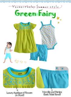   Newborn Baby Girls Dress Bodysuit Pants 3 Set Green Fairy   