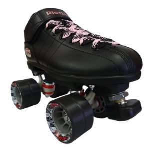 Riedell R3 Black Boots with Black Cayman Wheels and Black & Pink Plaid 