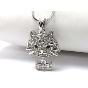 Too Cute Ice Crystal Covered Kitty Cat Head with Bow Tie Dangle Charm 