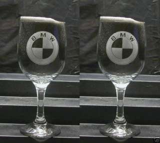 SET OF 2 ETCHED DRINKING WINE GLASSES,BMW LOGOS,  