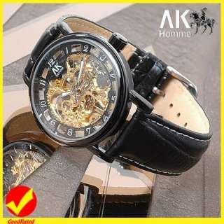 AK Homme Mens Business Skeleton Arabic Number Leather Mechanical Wrist 