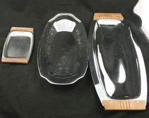 Lot of 3 Vintage Chrome Silver Tone Serving Trays 2 With Wood Handles 