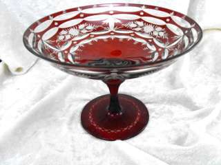 VINTAGE BOHEMIAN RUBY CUT TO CLEAR FOOTED COMPOTE  