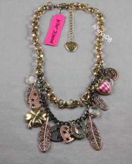 Betsey Johnson LADY LUCK Charm Necklace NWT clover heart feather 