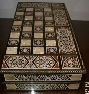   inlaid wood mosaic chess checkers backgammon game board + sets  