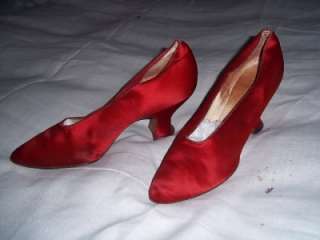 Vibrant Edwardian red satin shoes, french heels, made n France cut 