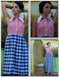 Vintage 60s Gingham Plaid Butterfly Collar Maxi Dress  