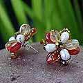 Carnelian, Citreine and Pearl Sun Blossom Earrings (6 mm) (Thailand)