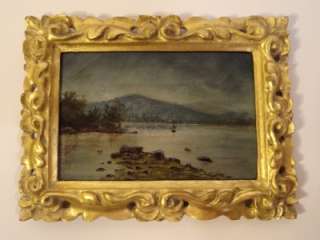 Antique Lake Landscape Miniature Oil painting 19thC  
