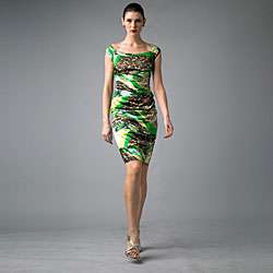 Issue New York Womens Green Animal Ruched Cap sleeve Dress 