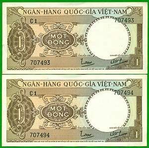 Vietnam South 1964 1 Dong P15, Consecutive 2 notes UNC  