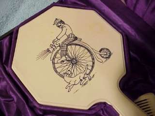   French Ivory Boxed Mirror Set High Wheel Bicycle & Dog 16 x 10 Boxed