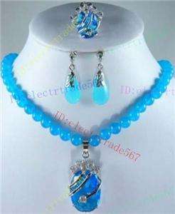 Blue Topaz Crystal pendant necklace Earring Ring Set  