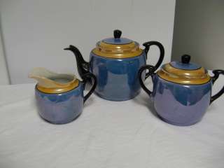 Older 3 pc Made in Japan Blue/Orange Lustreware Tea Set Teapot,Cream 