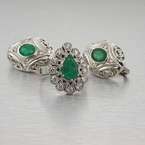   14k White Gold Green Emerald Diamond Vintage Earrings Ring Set  