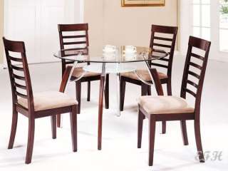 5PC MODERN ROUND GLASS TOP CHERRY WOOD DINING TABLE SET  